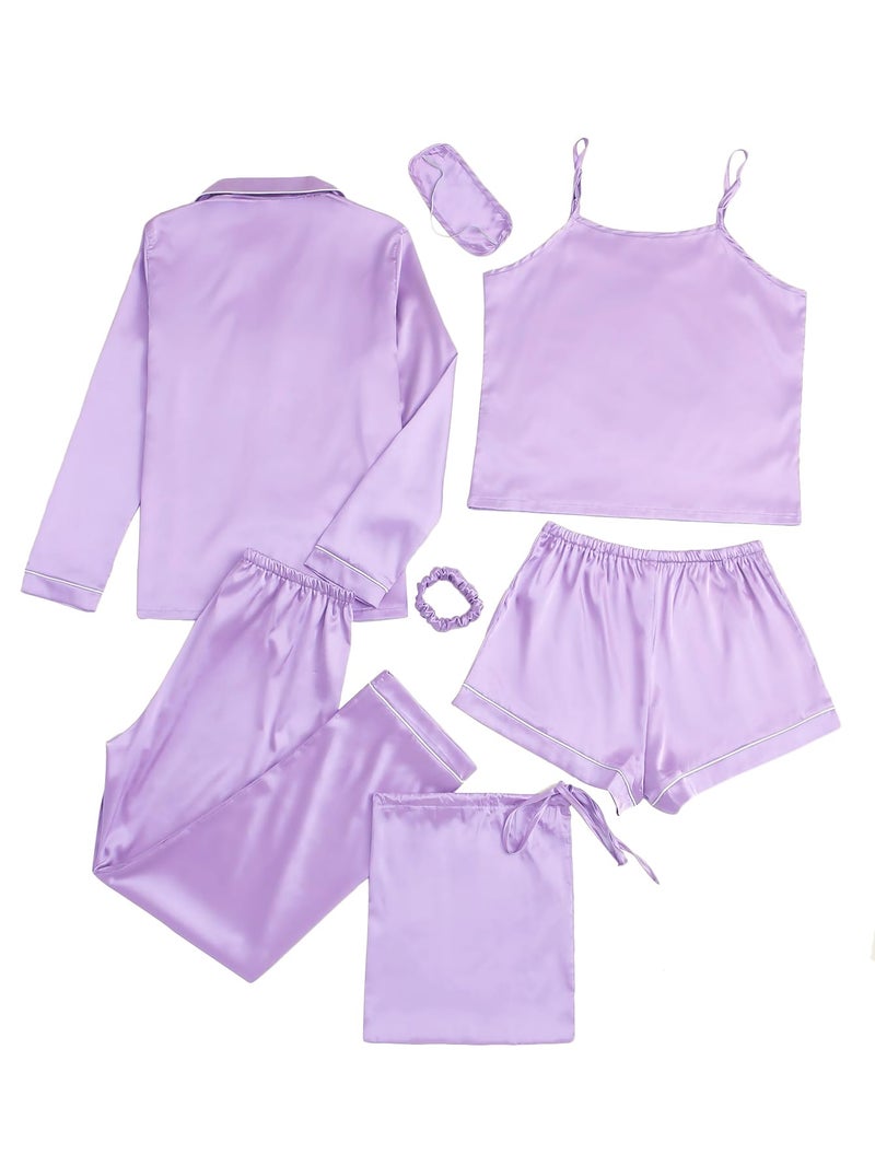 LYANER Women's Pajamas Set 7pcs Silk Satin Sleepwear Loungewear Cami Shirt Pj Set Purple Medium - Image 2